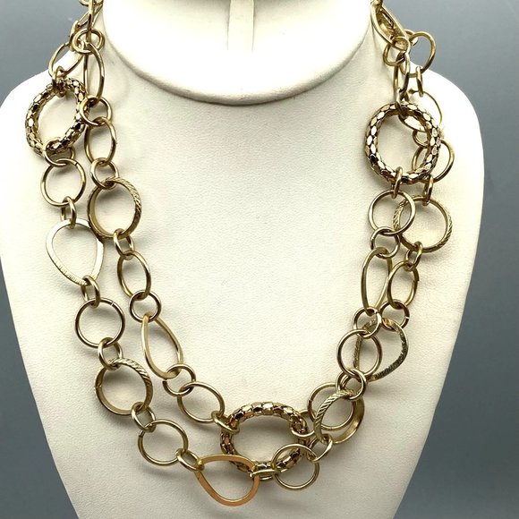 Retro Gold Tone Chain Necklace with Teardrop and Circle Links and Vintage Mesh - Picture 2 of 3